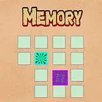 Hra s názvem MEMORY se čtvercovými kartami, přičemž některé jsou otočeny a odhalují vzory v tyrkysové a fialové barvě