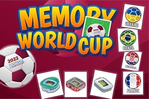 Text Memory World Cup na červeném pozadí s obrázky fotbalového míče a stadionů