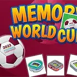 Text Memory World Cup na červeném pozadí s obrázky fotbalového míče a stadionů