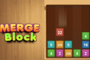 Barevné číselné bloky jsou uspořádány na dřevěné desce, vedle nápisu Merge Block