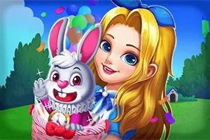 Dívka s dlouhými blond vlasy drží bílého králíka v košíku na barevném pozadí s balonky a stromy