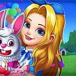 Dívka s dlouhými blond vlasy drží bílého králíka v košíku na barevném pozadí s balonky a stromy