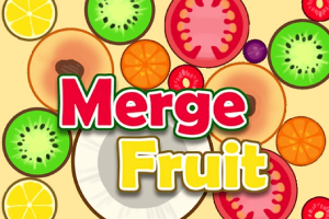 Barevné ilustrace různých druhů ovoce s textem Merge Fruit uprostřed
