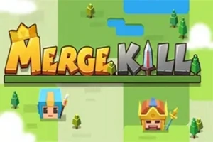 Barevná ilustrace s nápisem „Merge Kill“ a dvěma kreslenými postavičkami na pixelizovaném pozadí s trávou a stromy