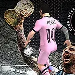 Fotbalista v růžovém dresu s číslem 10, klubovým znakem Miami na pozadí