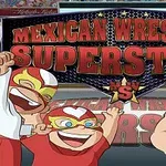 Tři kreslené postavy v maskách mexického wrestlingu před velkým nápisem na pódiu