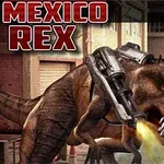 Tyrannosaurus Rex v ulicích s plamenomety připevněnými na zádech, v prostředí s průmyslovými budovami