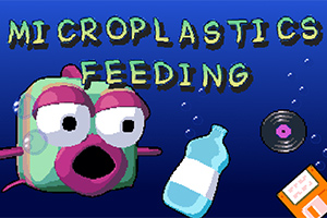 Kreslená ryba s otevřenou pusou plave pod vodou obklopená plasty a nápisem Microplastics Feeding