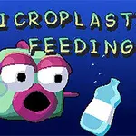 Kreslená ryba s otevřenou pusou plave pod vodou obklopená plasty a nápisem Microplastics Feeding