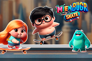 Dvě kreslené postavy na skateboardech a roztomilé monstrum na ulici s barevným textem v pozadí