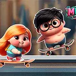 Dvě kreslené postavy na skateboardech a roztomilé monstrum na ulici s barevným textem v pozadí