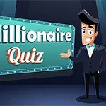 Animovaná postava v obleku gestikuluje směrem k nápisu Millionaire Quiz na osvětleném pozadí