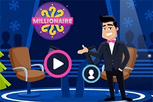 Animovaná postava v obleku stojí na scéně s křesly a symboly play a uživatelského profilu, se znakem MILLIONAIRE v pozadí