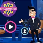 Animovaná postava v obleku stojí na scéně s křesly a symboly play a uživatelského profilu, se znakem MILLIONAIRE v pozadí