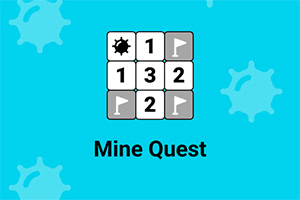 Mine Quest Mřížka s čísly, ikonami vlajek a ikonou miny na modrém pozadí