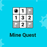 Mine Quest Mřížka s čísly, ikonami vlajek a ikonou miny na modrém pozadí