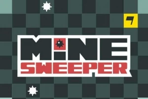 Černá a zelená šachovnice s bílými ikonami min a červenobílým nápisem MINE SWEEPER