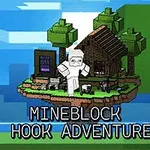 Postava v bílém brnění stojí na létajícím ostrově s domem, stromy a ovcemi, na modro-zeleném pozadí s nápisem MINEBLOCK HOOK ADVENTURE