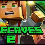 Postava v pixelovém stylu držící pochodeň, s nápisem MINECAVES 2