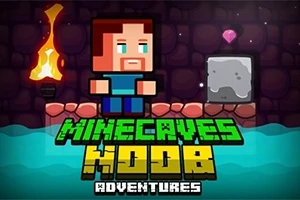 Postava v pixelovém stylu stojí na kamenné plošině blízko pochodně, zatímco nad ní levituje fialový drahokam; v popředí text MINCAVES NOOB ADVENTURES