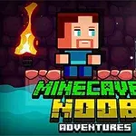Postava v pixelovém stylu stojí na kamenné plošině blízko pochodně, zatímco nad ní levituje fialový drahokam; v popředí text MINCAVES NOOB ADVENTURES