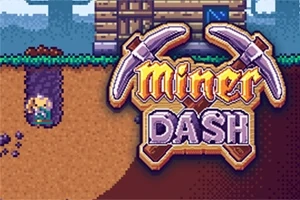 Postava horníka kopajícího tunel pod zemí vedle dřevěné chatrče s nápisem Miner Dash a motykami