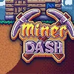 Postava horníka kopajícího tunel pod zemí vedle dřevěné chatrče s nápisem Miner Dash a motykami