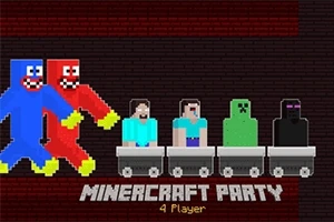 Pět pixelovaných postav ve vozících s barevným pozadím a textem MINERCRAFT PARTY 4 Player