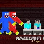 Pět pixelovaných postav ve vozících s barevným pozadím a textem MINERCRAFT PARTY 4 Player