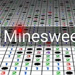 Nápis Minesweeper na pozadí mřížky s barevnými čísly a černými symboly