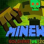 Barevný kreslený zombie s blokovým vzhledem a nápisy MINEWAR a SOLDIERS VS ZOMBIES na zeleném mřížkovaném pozadí