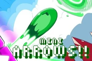 Zelená energetická střela letící oblohou mezi barevnými oblaky a text MINI ARROWS!