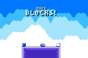 Modré a bílé pixely tvoří oblohu a mraky, v popředí fialová platforma s dvěma modrými bloky a nápis Mini Blocks!