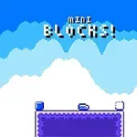 Modré a bílé pixely tvoří oblohu a mraky, v popředí fialová platforma s dvěma modrými bloky a nápis Mini Blocks!