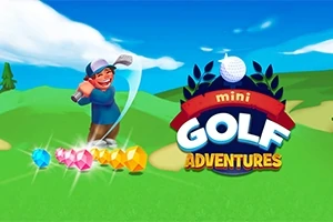 Usmívající se postava hrající minigolf s drahokamy v popředí a textem „mini GOLF ADVENTURES“