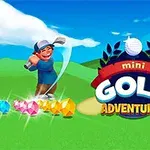 Usmívající se postava hrající minigolf s drahokamy v popředí a textem „mini GOLF ADVENTURES“