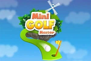 Barevný nápis s názvem Mini GOLF Master na pozadí s mraky, doplněný výrazným zeleným dráhovým prvkem s golfovým míčkem a jamkou