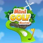 Barevný nápis s názvem Mini GOLF Master na pozadí s mraky, doplněný výrazným zeleným dráhovým prvkem s golfovým míčkem a jamkou