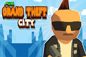 Postavička s brýlemi a čírem v komiksovém stylu s nápisem Mini Grand Theft City na pozadí modrých mrakodrapů