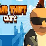Postavička s brýlemi a čírem v komiksovém stylu s nápisem Mini Grand Theft City na pozadí modrých mrakodrapů