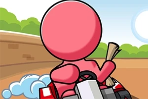 Růžová postava jede v motokáře po trati s oblaky prachu kolem