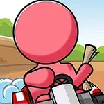 Růžová postava jede v motokáře po trati s oblaky prachu kolem