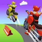 Dva futurističtí motorkáři v barevných kostýmech jezdí na svých motocyklech po zakřivené silnici s futuristickými prvky