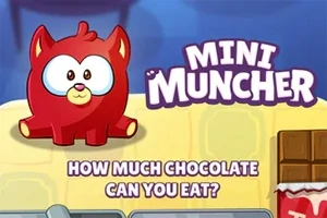 Červená kreslená postavička s bílými oči a textem Mini Muncher a How much chocolate can you eat?