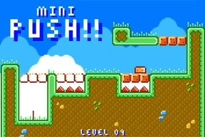 Pixelová krajina s plošinami, modrou oblohou a nápisem MINI PUSH!