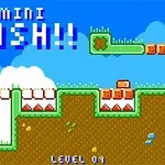 Pixelová krajina s plošinami, modrou oblohou a nápisem MINI PUSH!