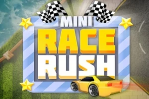 Žluté závodní auto se dvěma šachovnicovými vlajkami a nápisem Mini Race Rush obklopené hvězdami na modrém a zeleném pozadí