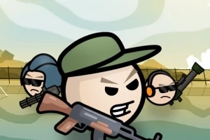 Tři kreslené postavičky s vážnými výrazy, z nichž jedna drží pušku a další dva mají tmavé brýle a také pušky, na pozadí je plot a obloha