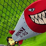 Kreslená raketa s obličejem a zuby letící na zeleném pozadí s nápisem MISSY G-95
