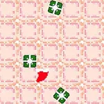 Pixelová grafika s postavou ve tvaru červeného klínu a různobarevnými čtverci na růžovém pozadí
